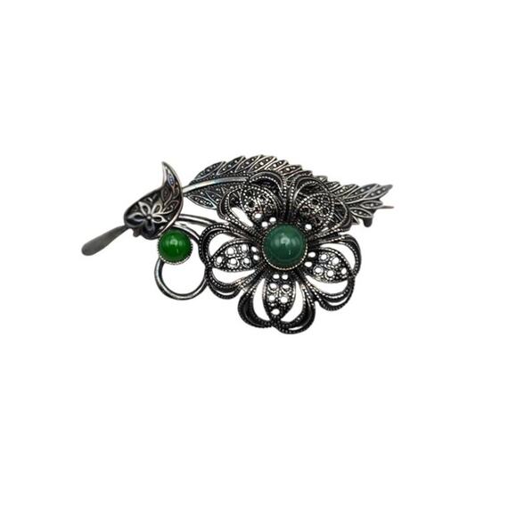 Green Cabochon Floral Vintage Filigree Spanish Brooch - Picture 2 of 9